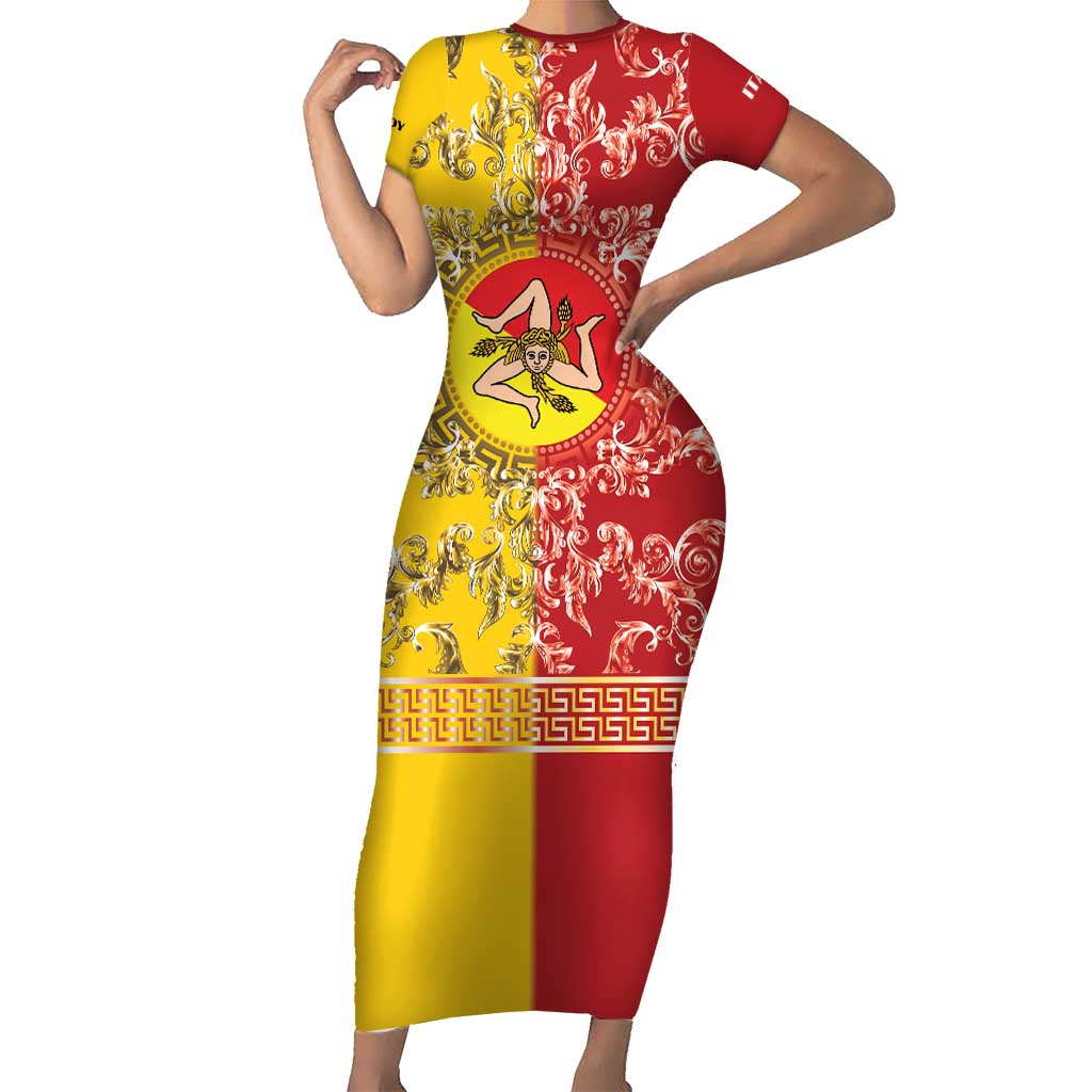Personalized Italy Sicily Short Sleeve Bodycon Dress Baroque Motif