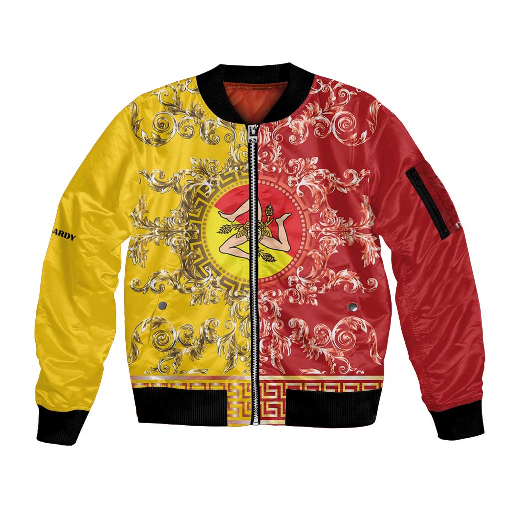 Personalized Italy Sicily Sleeve Zip Bomber Jacket Baroque Motif