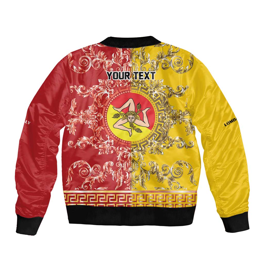 Personalized Italy Sicily Sleeve Zip Bomber Jacket Baroque Motif