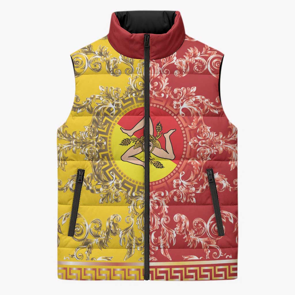Personalized Italy Sicily Sleeveless Puffer Jacket Baroque Motif