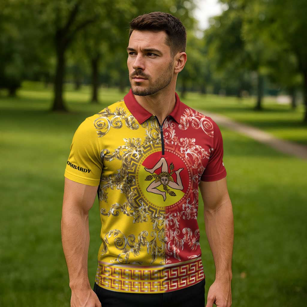 Personalized Italy Sicily Zipper Polo Shirt Baroque Motif