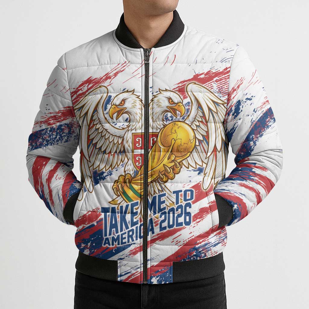 Serbia Take Me To America Personalized Bomber Puffer Jacket Strong Eagle Pride