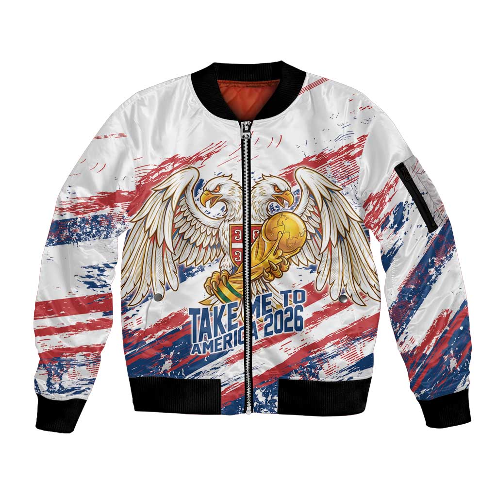 Serbia Take Me To America Personalized Sleeve Zip Bomber Jacket Strong Eagle Pride