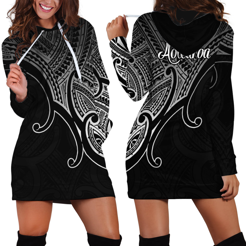 Aotearoa Polynesian Hoodie Dress with Maori Koru Black - Wonder Print Shop