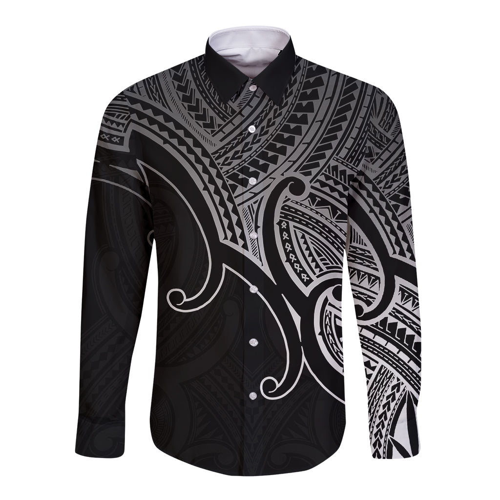Aotearoa Polynesian Long Sleeve Button Shirt with Maori Koru Black - Wonder Print Shop