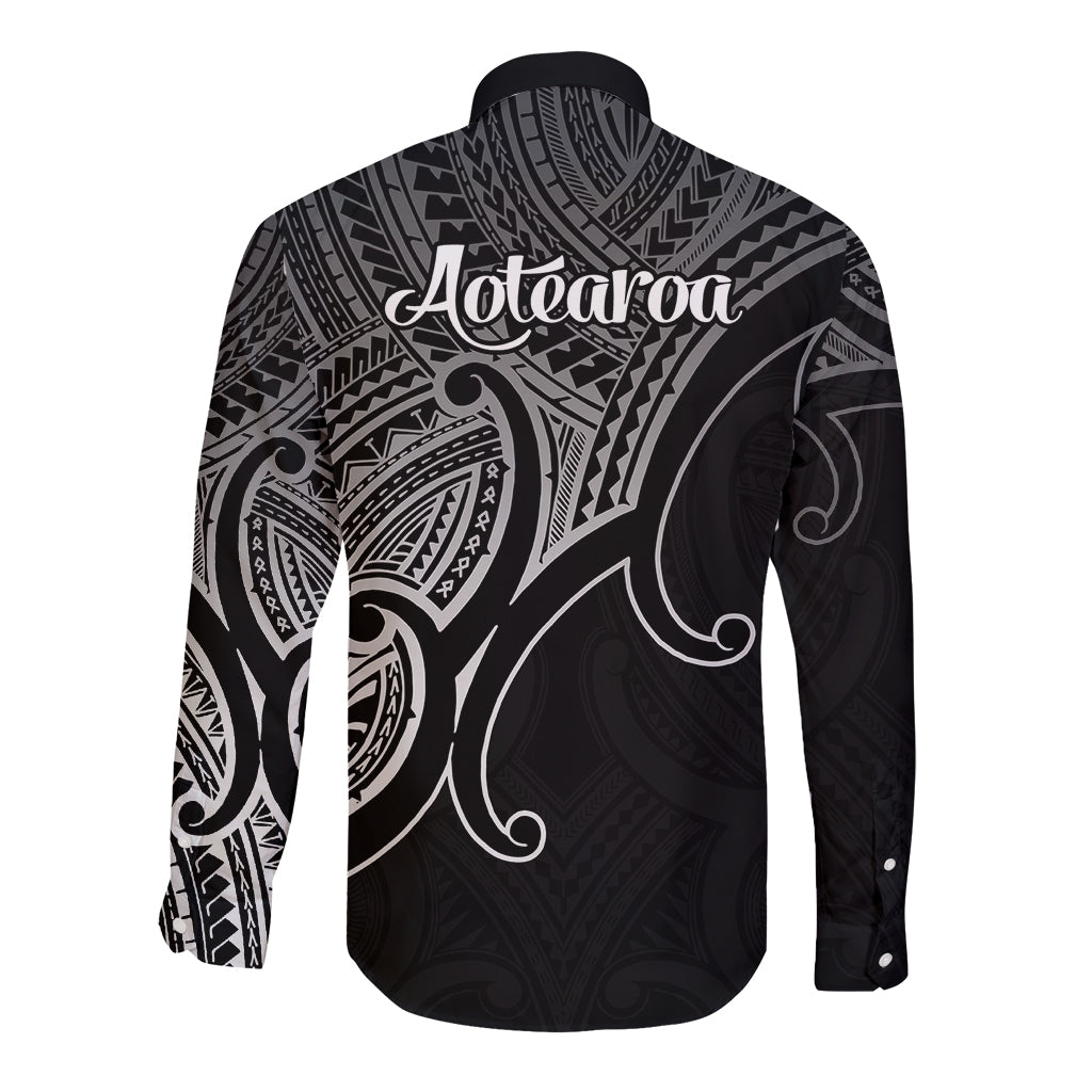 Aotearoa Polynesian Long Sleeve Button Shirt with Maori Koru Black - Wonder Print Shop