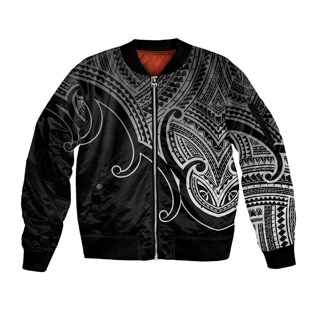 Aotearoa Polynesian Sleeve Zip Bomber Jacket with Maori Koru Black - Wonder Print Shop