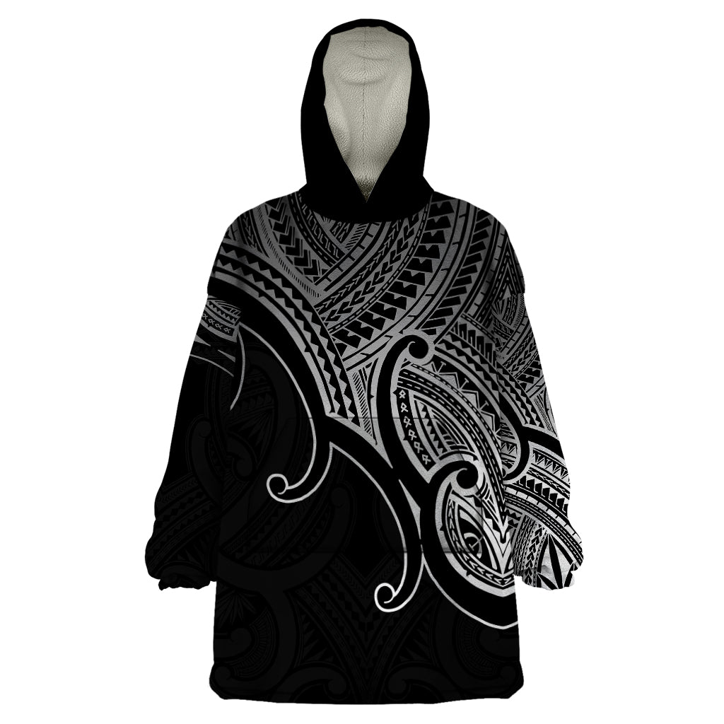 Aotearoa Polynesian Wearable Blanket Hoodie with Maori Koru Black - Wonder Print Shop