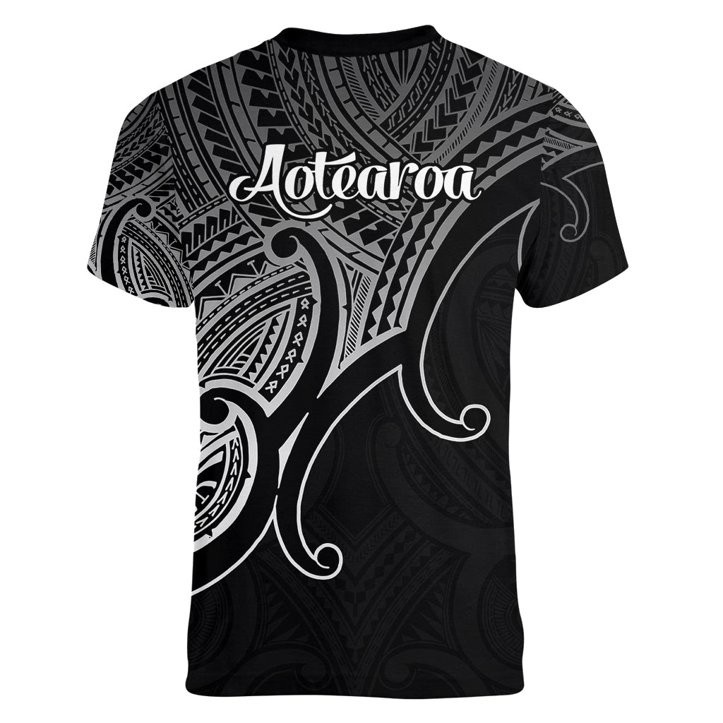 Aotearoa Polynesian Women V Neck T Shirt with Maori Koru Black - Wonder Print Shop
