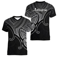 Aotearoa Polynesian Women V Neck T Shirt with Maori Koru Black - Wonder Print Shop