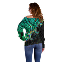 Aotearoa Polynesian Off Shoulder Sweater with Maori Koru Blue - Wonder Print Shop