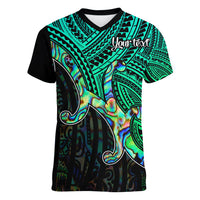 Aotearoa Polynesian Women V Neck T Shirt with Maori Koru Blue - Wonder Print Shop