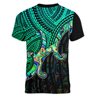 Aotearoa Polynesian Women V Neck T Shirt with Maori Koru Blue - Wonder Print Shop