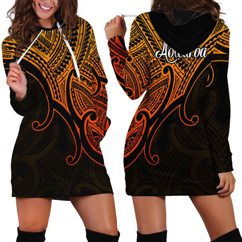 Aotearoa Polynesian Hoodie Dress with Maori Koru Gold - Wonder Print Shop