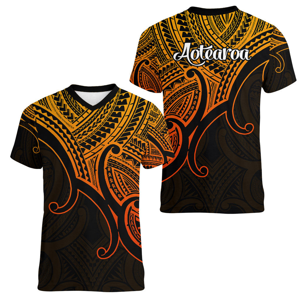 Aotearoa Polynesian Women V Neck T Shirt with Maori Koru Gold - Wonder Print Shop