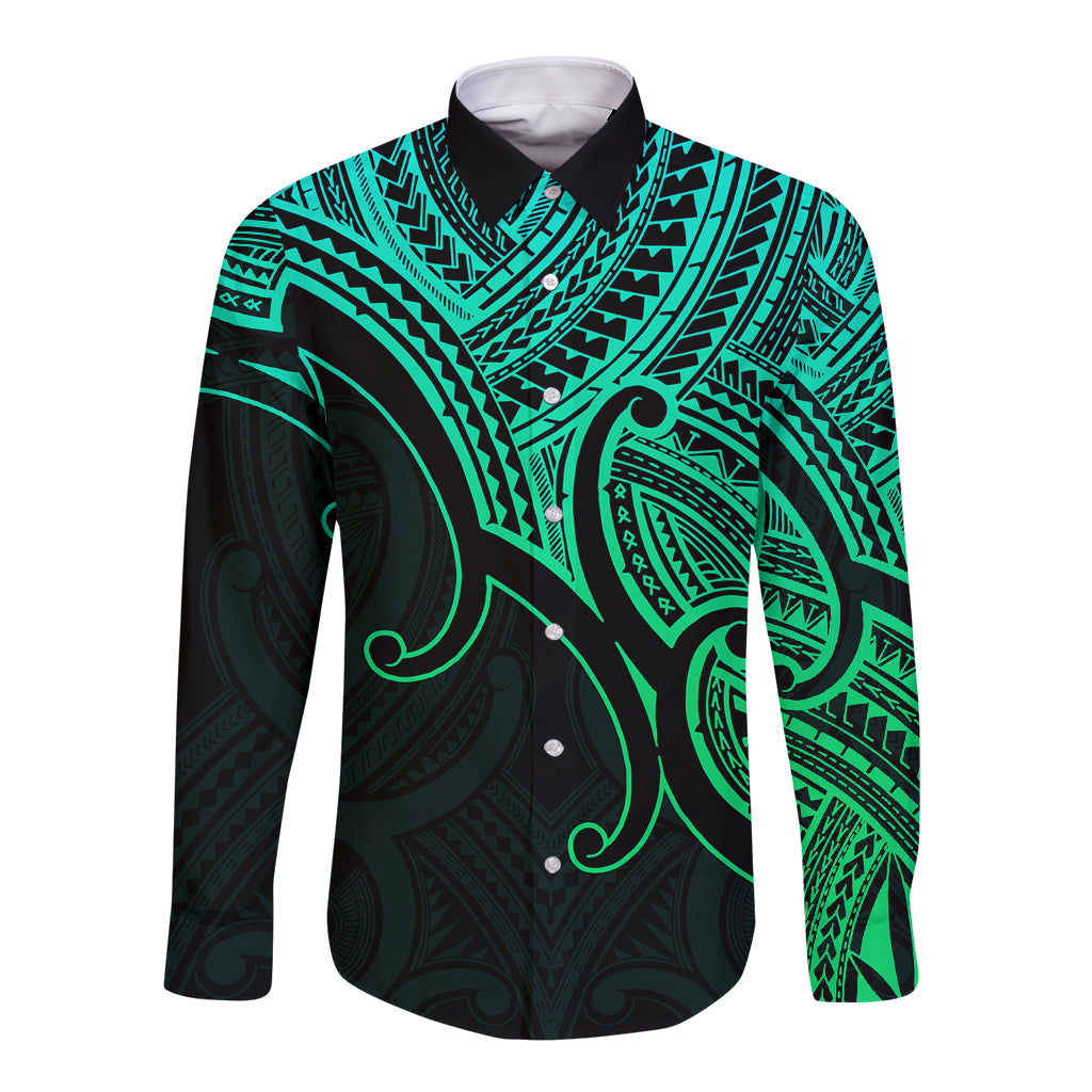 Aotearoa Polynesian Long Sleeve Button Shirt with Maori Koru Green - Wonder Print Shop