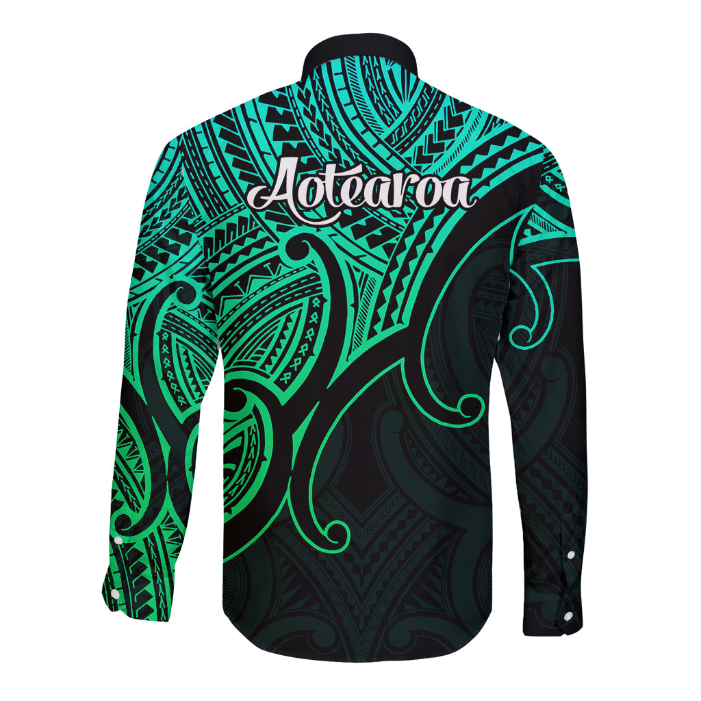 Aotearoa Polynesian Long Sleeve Button Shirt with Maori Koru Green - Wonder Print Shop