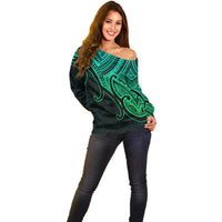 Aotearoa Polynesian Off Shoulder Sweater with Maori Koru Green - Wonder Print Shop