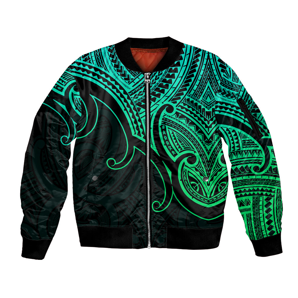 Aotearoa Polynesian Sleeve Zip Bomber Jacket with Maori Koru Green - Wonder Print Shop