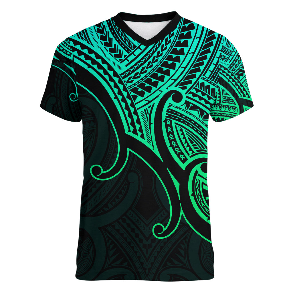 Aotearoa Polynesian Women V Neck T Shirt with Maori Koru Green - Wonder Print Shop