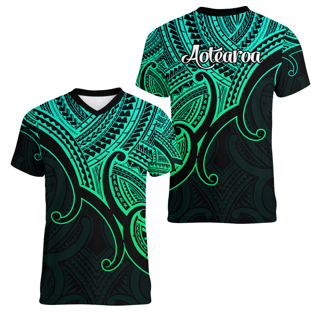 Aotearoa Polynesian Women V Neck T Shirt with Maori Koru Green - Wonder Print Shop