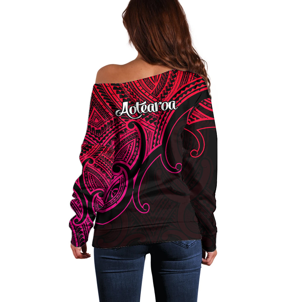 Aotearoa Polynesian Off Shoulder Sweater with Maori Koru Pink - Wonder Print Shop