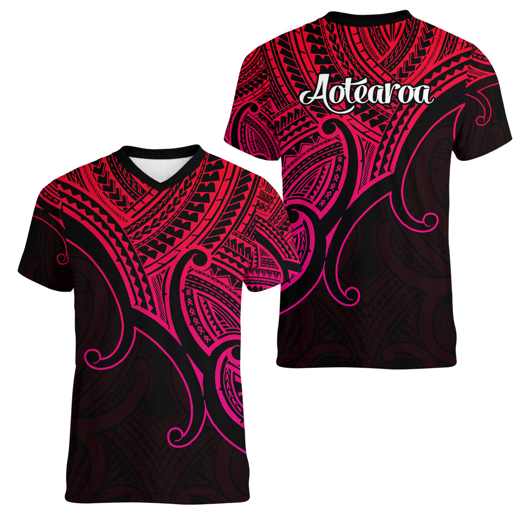 Aotearoa Polynesian Women V Neck T Shirt with Maori Koru Pink - Wonder Print Shop