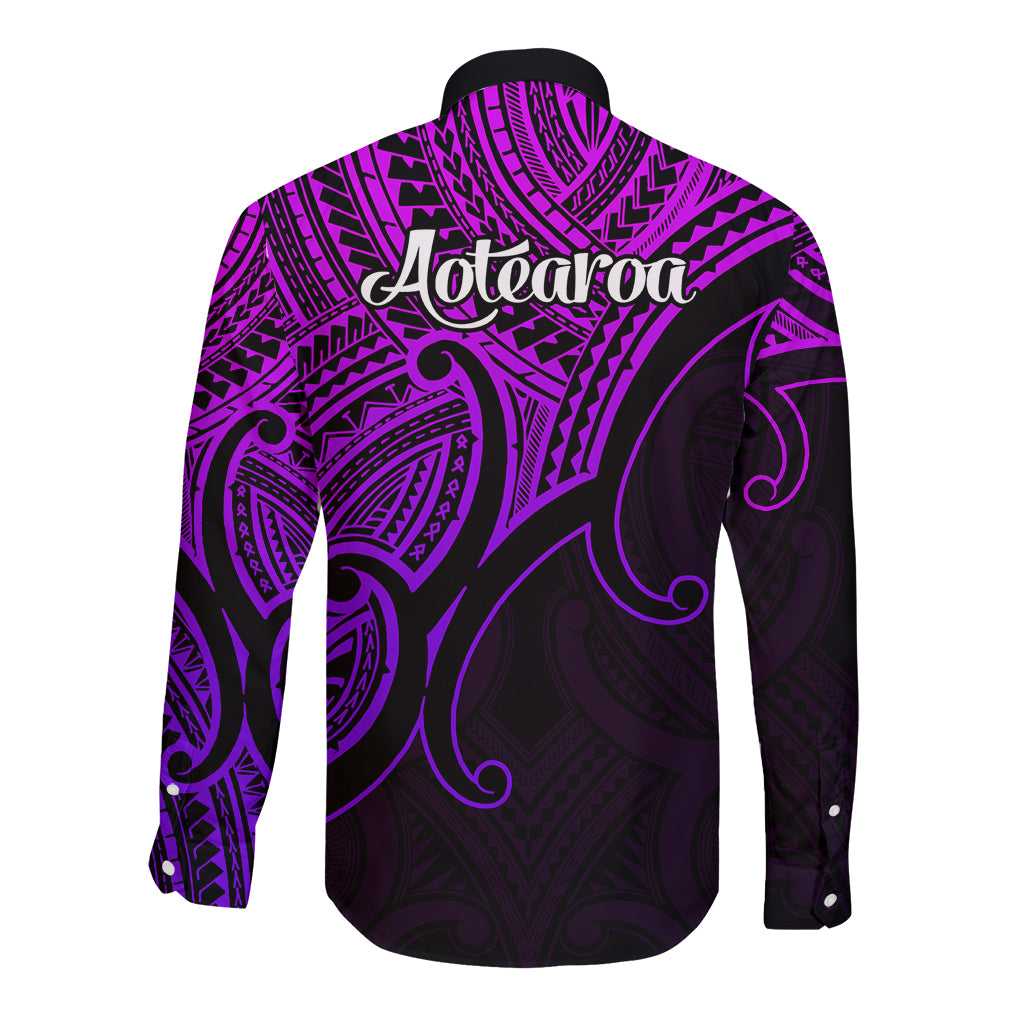 Aotearoa Polynesian Long Sleeve Button Shirt with Maori Koru Purple - Wonder Print Shop