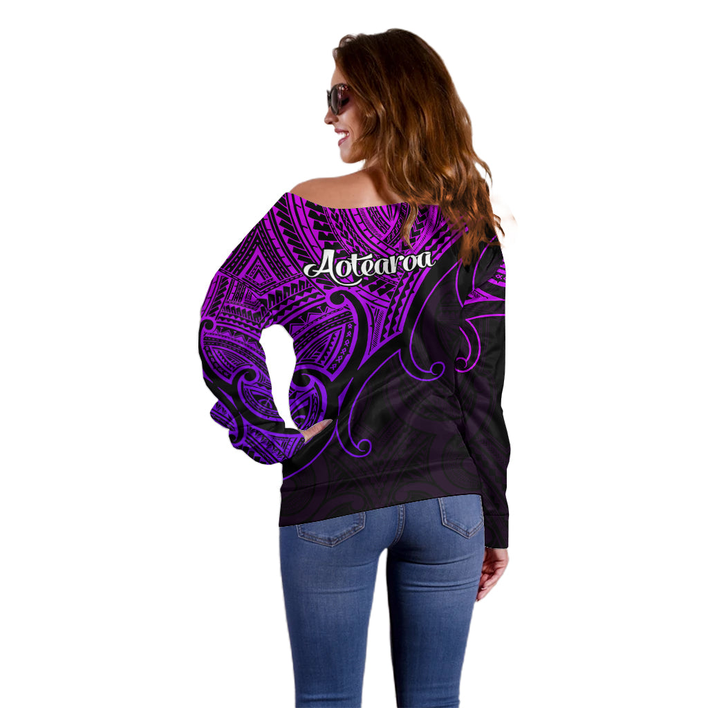 Aotearoa Polynesian Off Shoulder Sweater with Maori Koru Purple - Wonder Print Shop
