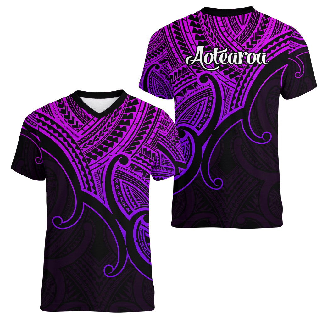 Aotearoa Polynesian Women V Neck T Shirt with Maori Koru Purple - Wonder Print Shop