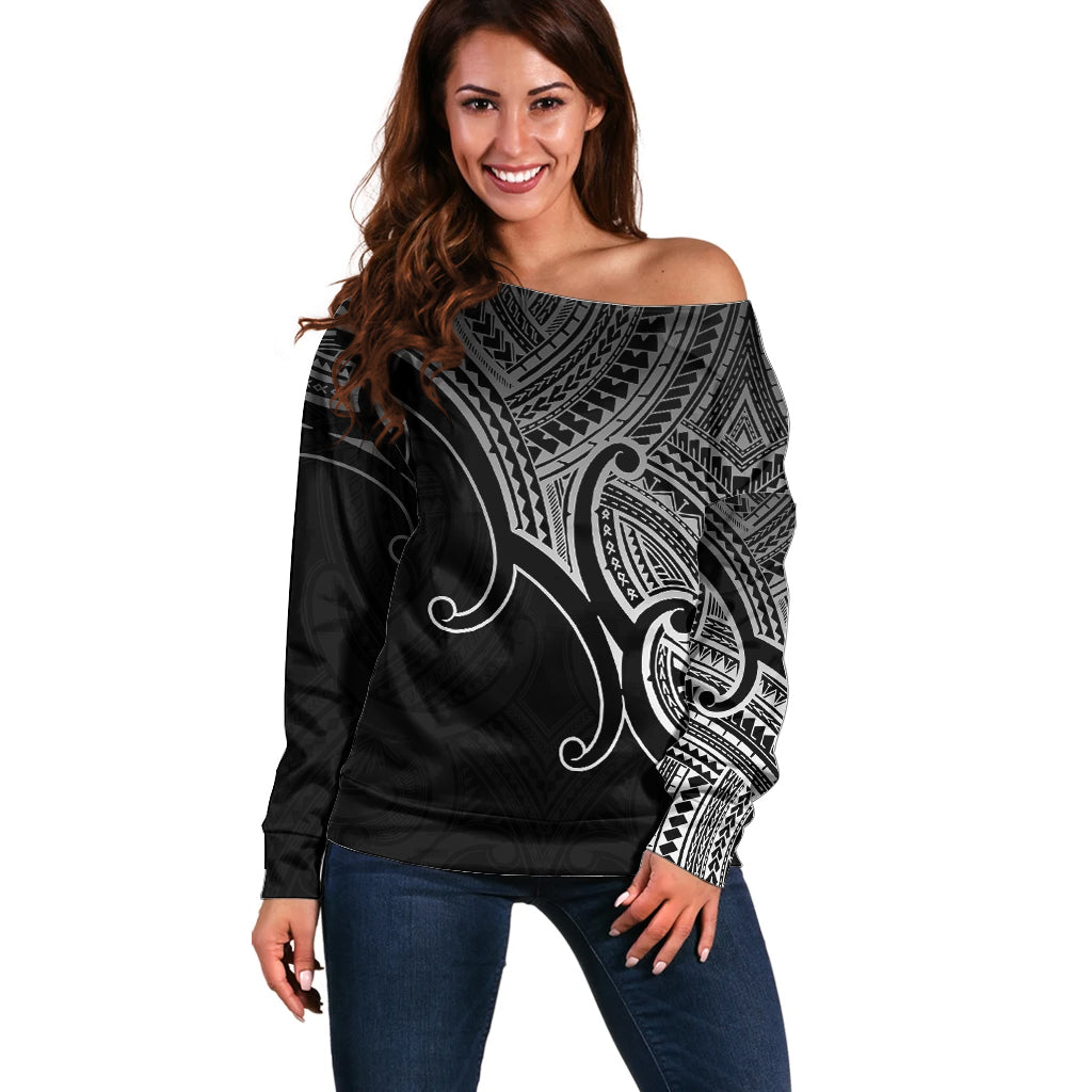 Custom Aotearoa Polynesian Off Shoulder Sweater with Maori Koru Black - Wonder Print Shop