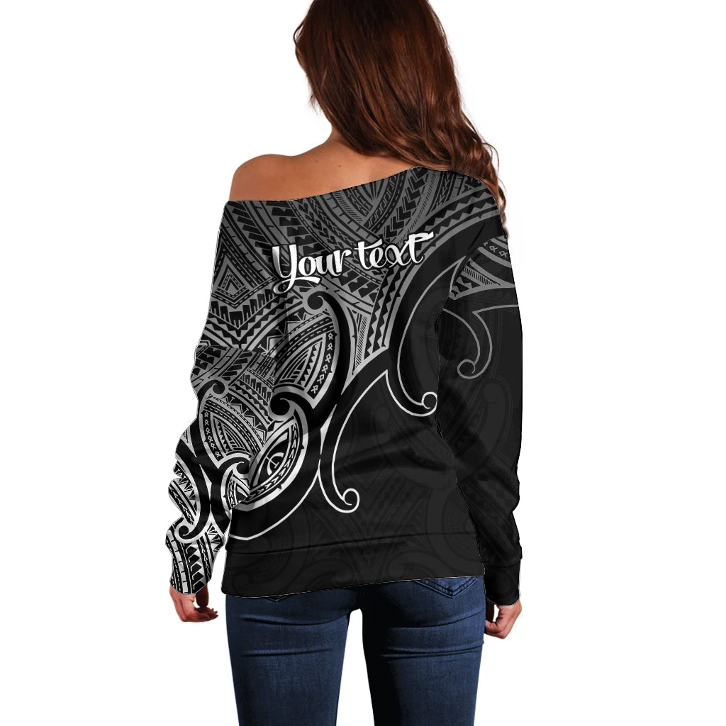 Custom Aotearoa Polynesian Off Shoulder Sweater with Maori Koru Black - Wonder Print Shop