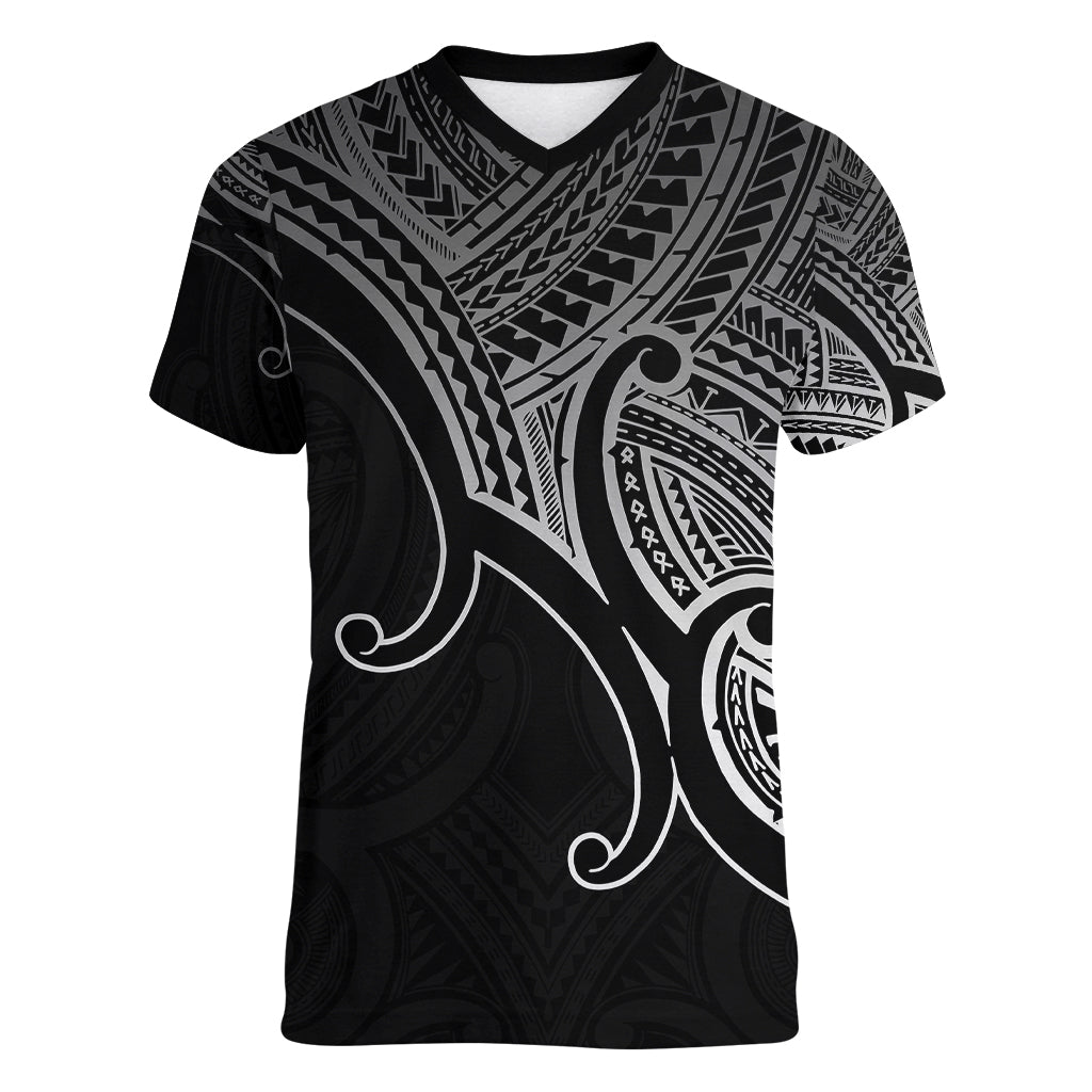 Custom Aotearoa Polynesian Women V Neck T Shirt with Maori Koru Black - Wonder Print Shop