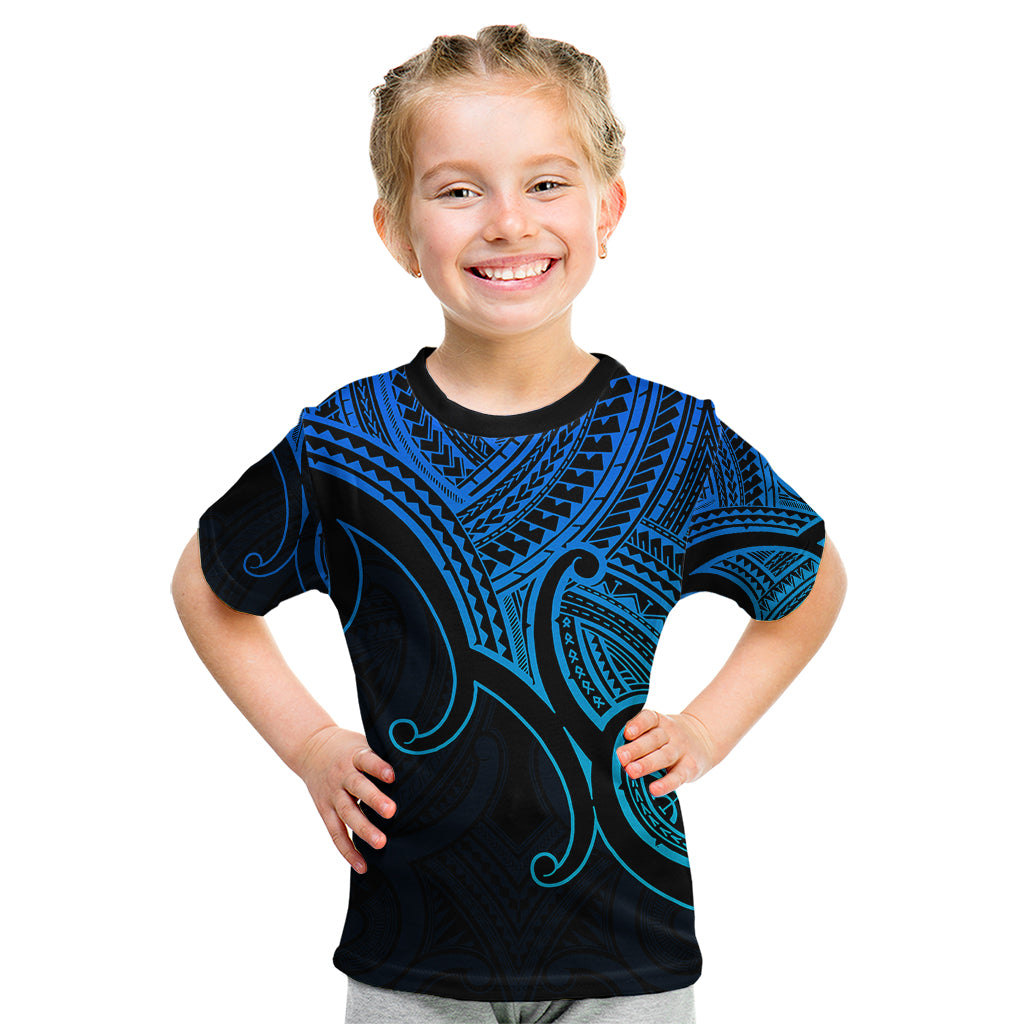 Custom Aotearoa Polynesian Kid T Shirt with Maori Koru Blue - Wonder Print Shop