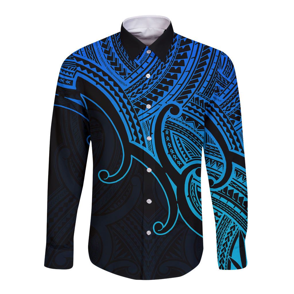 Custom Aotearoa Polynesian Long Sleeve Button Shirt with Maori Koru Blue - Wonder Print Shop