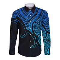 Custom Aotearoa Polynesian Long Sleeve Button Shirt with Maori Koru Blue - Wonder Print Shop