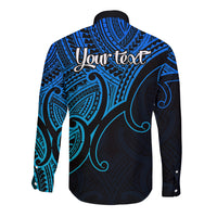 Custom Aotearoa Polynesian Long Sleeve Button Shirt with Maori Koru Blue - Wonder Print Shop