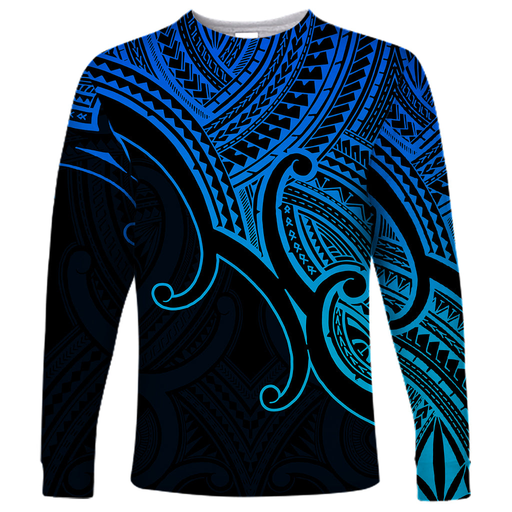 Custom Aotearoa Polynesian Long Sleeve Shirt with Maori Koru Blue - Wonder Print Shop