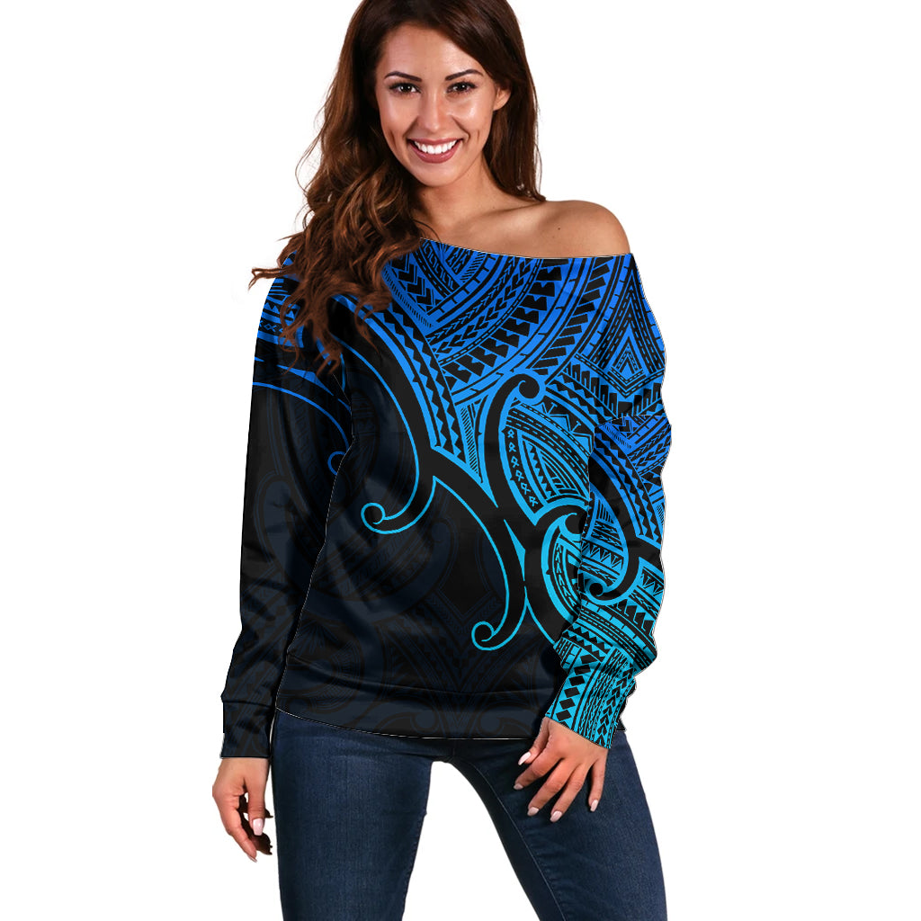 Custom Aotearoa Polynesian Off Shoulder Sweater with Maori Koru Blue - Wonder Print Shop