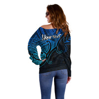 Custom Aotearoa Polynesian Off Shoulder Sweater with Maori Koru Blue - Wonder Print Shop