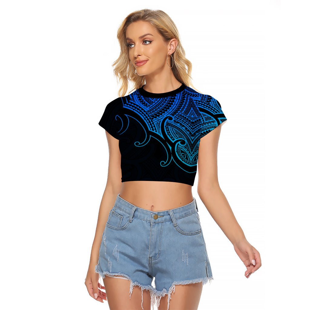 Custom Aotearoa Polynesian Raglan Cropped T Shirt with Maori Koru Blue - Wonder Print Shop