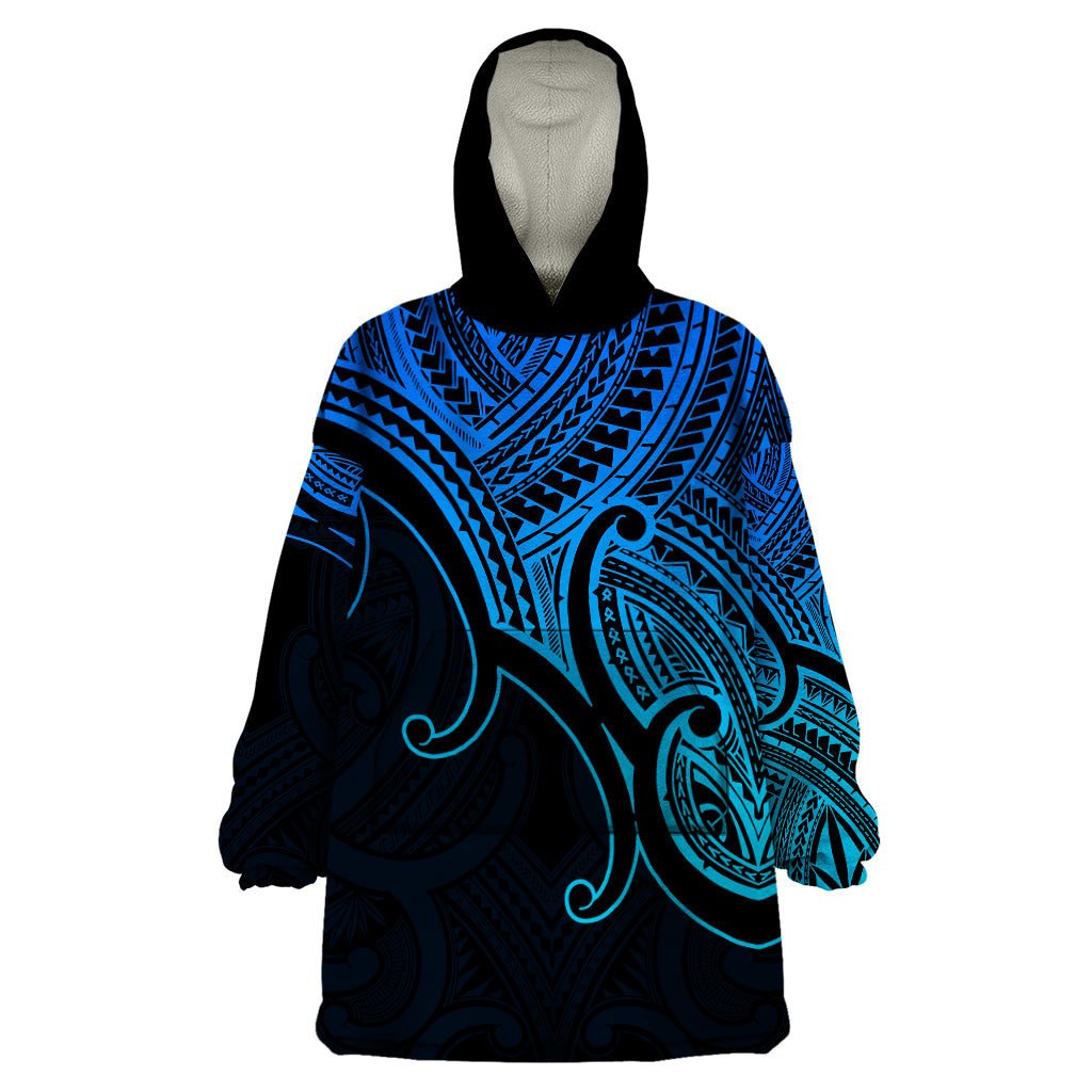 Custom Aotearoa Polynesian Wearable Blanket Hoodie with Maori Koru Blue - Wonder Print Shop