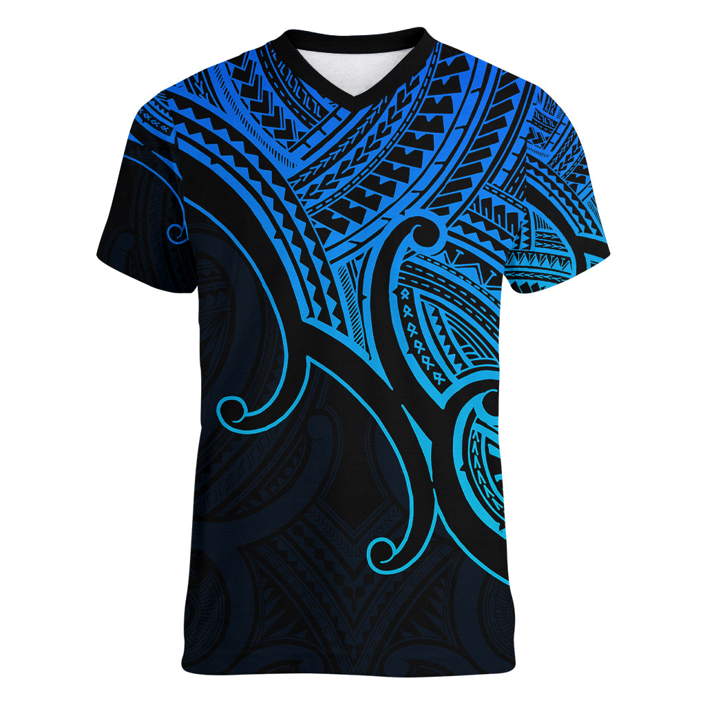 Custom Aotearoa Polynesian Women V Neck T Shirt with Maori Koru Blue - Wonder Print Shop