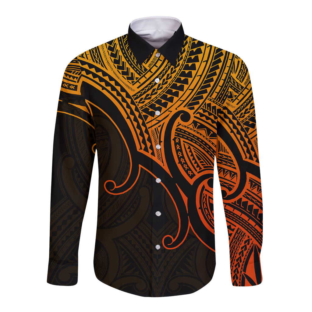 Custom Aotearoa Polynesian Long Sleeve Button Shirt with Maori Koru Gold - Wonder Print Shop