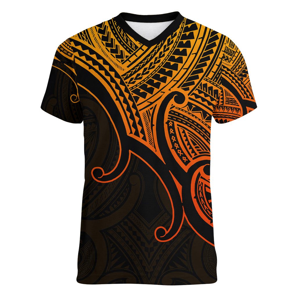 Custom Aotearoa Polynesian Women V Neck T Shirt with Maori Koru Gold - Wonder Print Shop