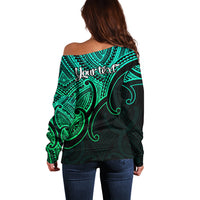 Custom Aotearoa Polynesian Off Shoulder Sweater with Maori Koru Green - Wonder Print Shop