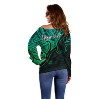 Custom Aotearoa Polynesian Off Shoulder Sweater with Maori Koru Green - Wonder Print Shop