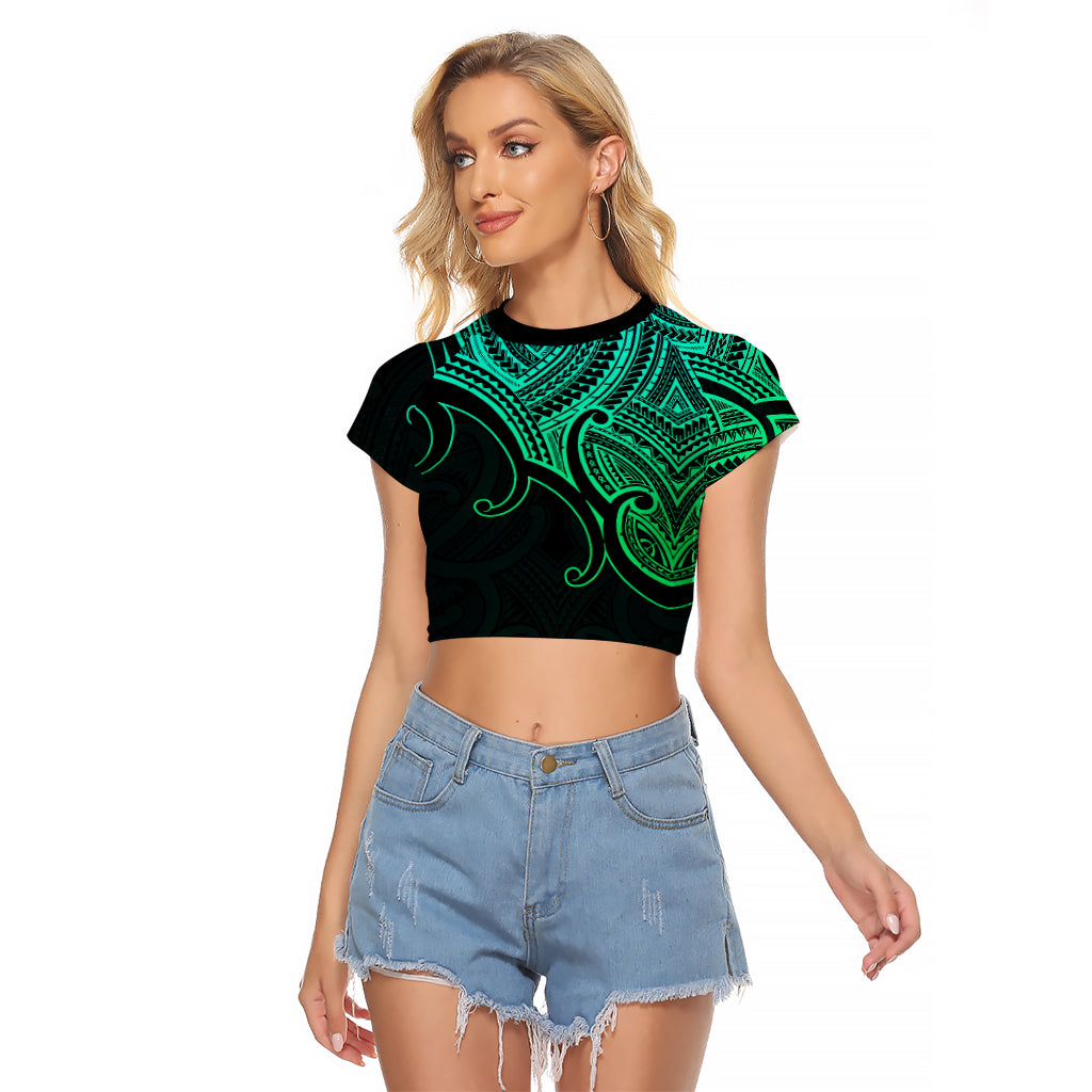 Custom Aotearoa Polynesian Raglan Cropped T Shirt with Maori Koru Green - Wonder Print Shop