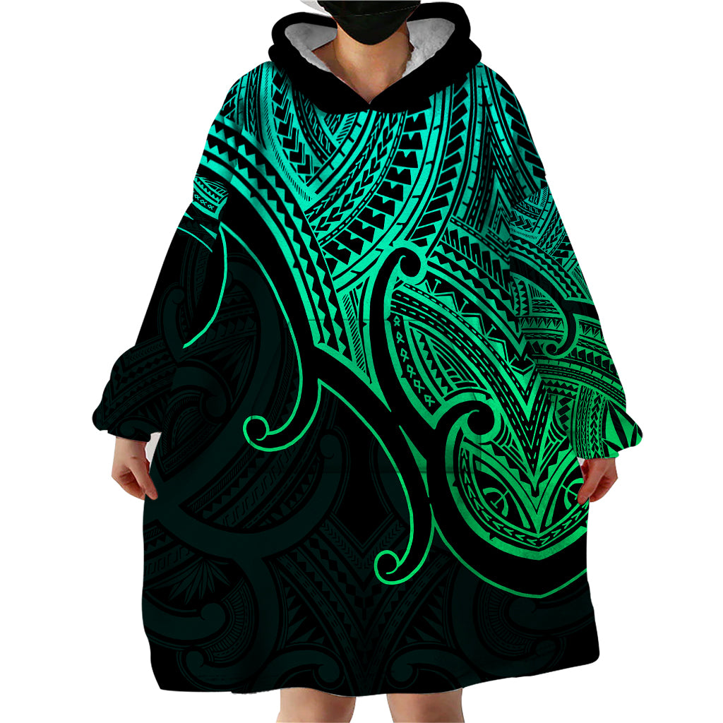 Custom Aotearoa Polynesian Wearable Blanket Hoodie with Maori Koru Green - Wonder Print Shop