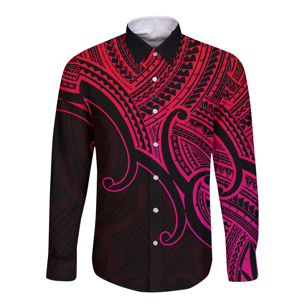 Custom Aotearoa Polynesian Long Sleeve Button Shirt with Maori Koru Pink - Wonder Print Shop